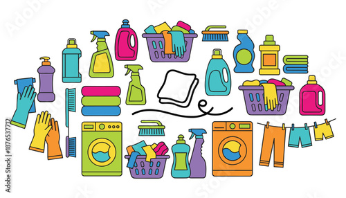 Household cleaning product tools flat vector illustration assortment of cleaners supplies and equipment