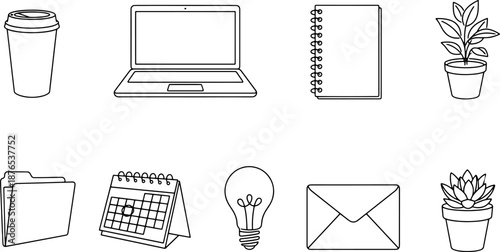 hand drawn office icon set with laptop, notebook, coffee cup, plants, folder, calendar, light bulb, and envelope in minimalist black and white line illustration style