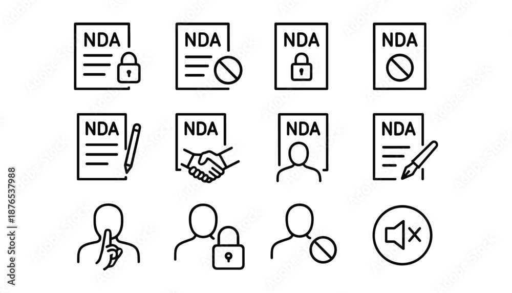 Fototapeta premium Non disclosure agreement vector icons set collection of legal contract protection document