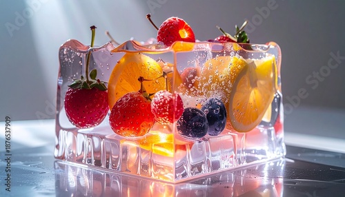 A surreal food sculpture made of glass and gelatin, transparent textures with refracted lighting, abstract fruits suspended inside, conceptually stylized as an edible art installation