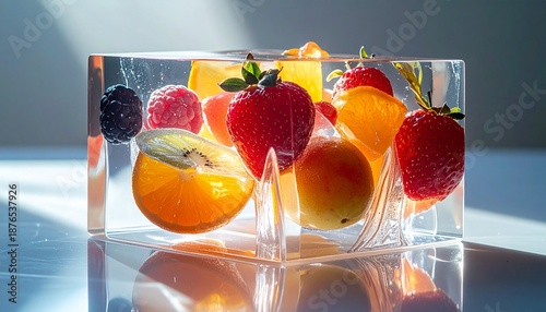 A surreal food sculpture made of glass and gelatin, transparent textures with refracted lighting, abstract fruits suspended inside, conceptually stylized as an edible art installation
