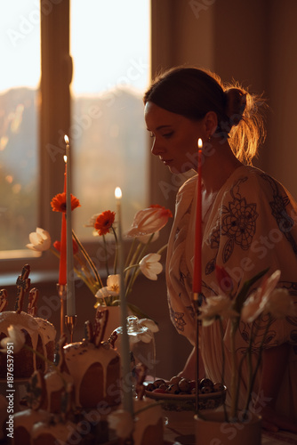 Wallpaper Mural Woman in Floral Robe by Candlelit Cake Table Torontodigital.ca