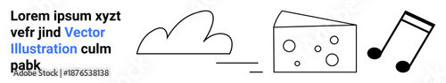Weather, food industry, music, minimalism, visual symbols, creativity. Minimalistic line icons of a cloud, cheese and music note. Weather and food industry concepts creatively