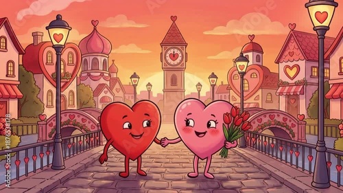 Animated heart characters walk hand in hand across a charming bridge in a whimsical town, holding flowers, showcasing love and connection in a vibrant sunset scene