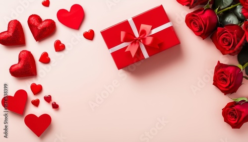 Valentine’s Day flat lay with red hearts, gift box, roses, and ribbon, clean composition, neutral background, top-down view