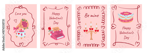 Set of cute Valentine cards featuring gramophone, typewriter, candelabra, cake with heart borders, romantic messages, perfect for printable greetings, party invitations, vintage-inspired stationery.