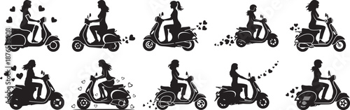 Silhouettes of women on vintage scooters with hearts, representing freedom, love, and journey Vector