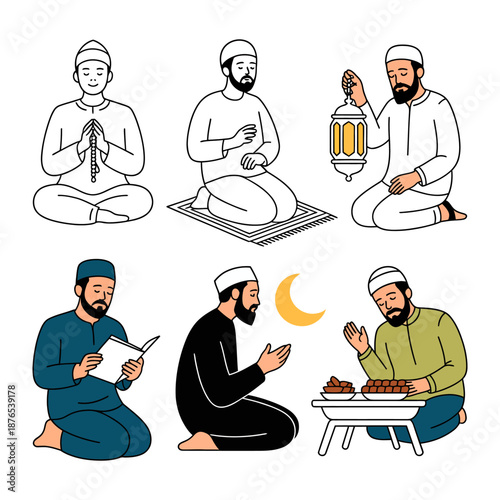 Islamic Spirituality in Diverse Moments: A collection of illustrations depicting various facets of Islamic spiritual life. Illustrative of different moments of religious observance and reflection.