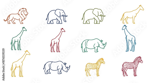 Set of African Safari Animals Line Art Icons, Vector Illustration