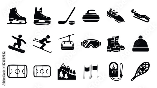 Versatile collection of black and white winter sports equipment and activity icons perfect for illustrating seasonal events and outdoor cold weather themes