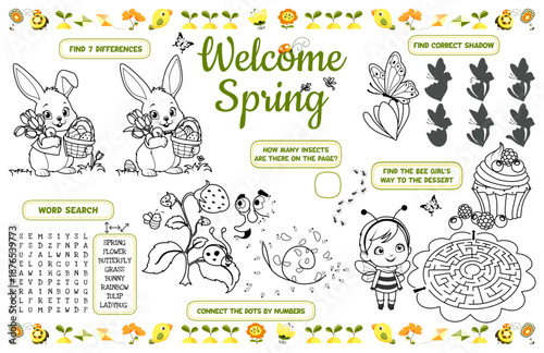 Festive placemat for kids. Printable activity sheet "Welcome spring" with a labyrinth, connect the dots, and a coloring page. 17x11 inch printable vector file	