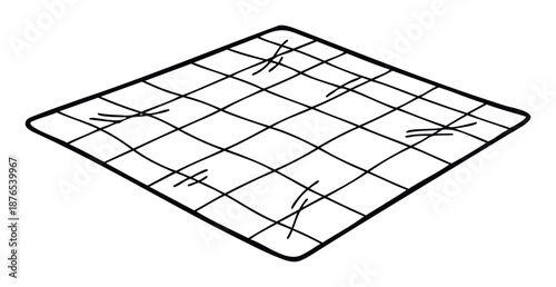 Simple black outline drawing of a checkered quilt or picnic blanket with stitch marks, perfect for rustic textile graphics and casual surface design applications.
