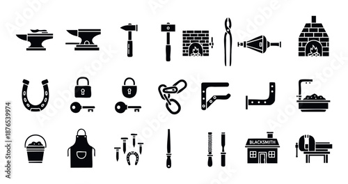 A comprehensive collection of essential tools and equipment used in blacksmithing and traditional metalworking, perfect for industrial graphics, craft guides, and historical workshop