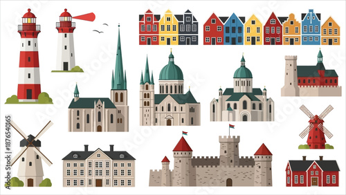 Traditional iconic buildings set from Scandinavian and Nordic regions