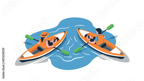 Two people kayaking in calm waters - flat design with vibrant colors