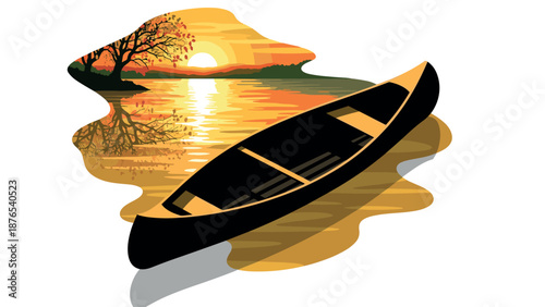 Flat canoe at sunset on lake with tree reflection in vibrant colors