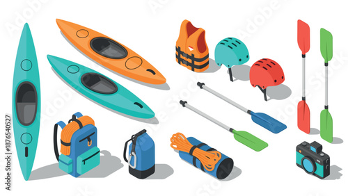 Kayaking adventure gear set with isometric design elements
