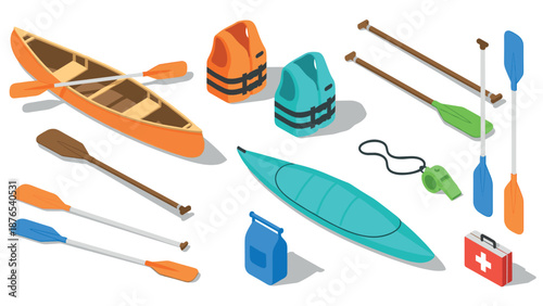 Isometric canoe adventure with paddle equipment and safety gear