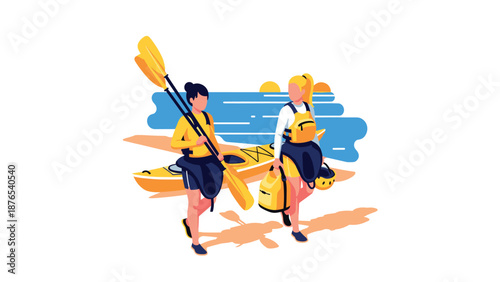 Outdoor adventure: two people kayaking at sunrise by the beach