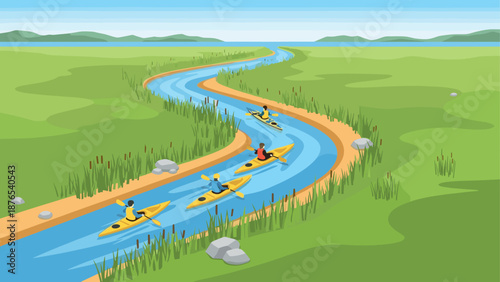 Adventurous kayaking on serene river trail in scenic landscape