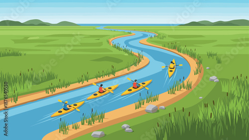 Kayaking adventure on serene river in vibrant flat landscape with lush greenery