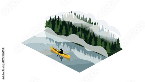 Tranquil canoe journey on misty lake with pine forest in isometric landscape