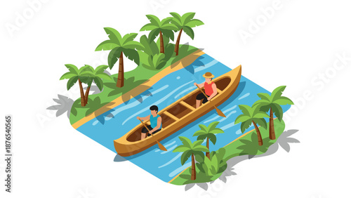 Isometric river adventure: tropical canoeing amid lush palms