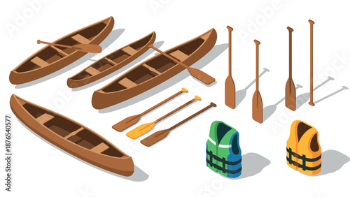 Isometric canoeing gear set with canoes, paddles, and life jackets