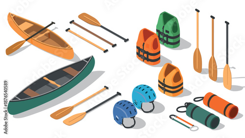 Isometric canoeing gear set with paddles, life vests, helmets for adventure enthusiasts