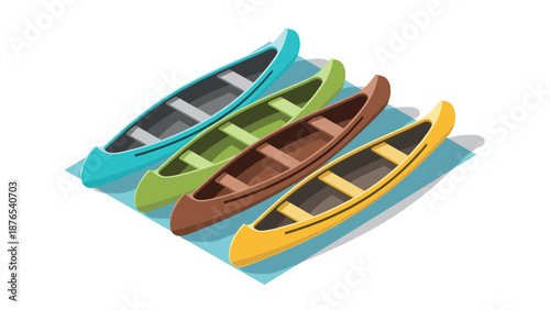 Colorful canoes in isometric perspective on water