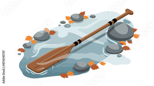 Autumn oar on water with rocks and leaves in isometric style