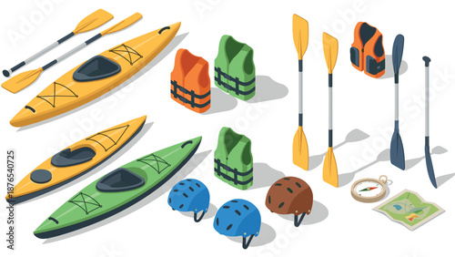 Isometric kayaking adventure gear set including kayaks, paddles, and helmets
