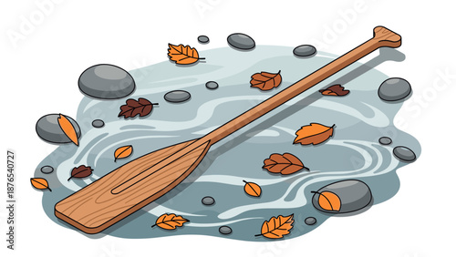 Autumn leaves with wooden paddle on tranquil water in modern cartoon style