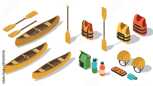 Canoeing equipment isometric set with canoes, paddles, and safety gear