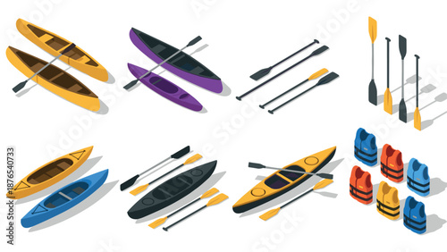 Isometric kayaks with paddles and life vests set for adventure sports