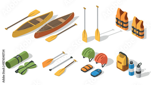 Isometric canoeing equipment collection with kayaks, paddles, and safety gear