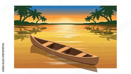 Tranquil sunset over tropical lagoon with canoe and palm trees