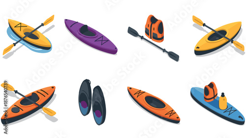 Isometric kayaks and accessories collection for outdoor adventures