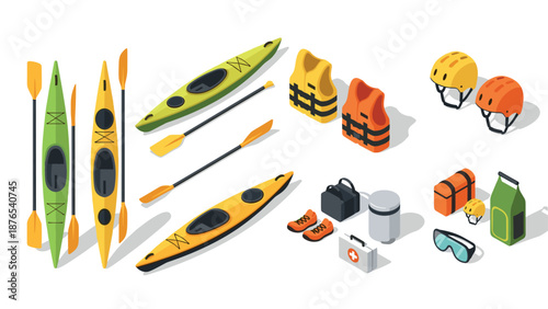 Isometric kayaking gear collection: kayaks, paddles, helmets, life jackets, and accessories