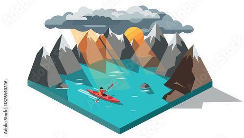Isometric kayaking adventure in mountain lake with sunlight and clouds