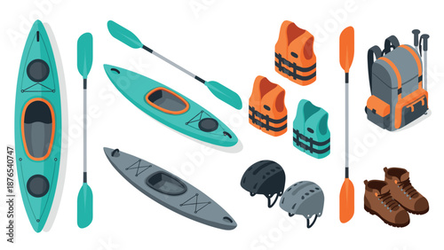 Kayaking adventure essentials: flat design collection of gear and safety equipment