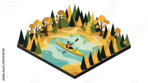 Autumn kayaking adventure in isometric forest scene