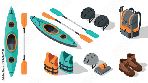 Kayaking gear essentials in modern isometric design