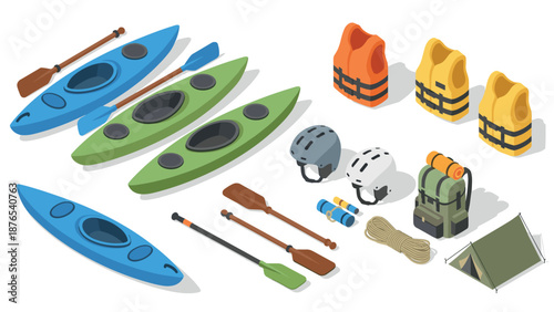 Isometric kayaking gear and accessories set for outdoor adventure enthusiasts