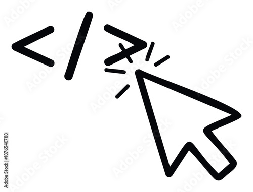 Mouse cursor interactively engaging with a fractured coding symbol, representing user action in web development, software programming, debugging, or troubleshooting digital code and