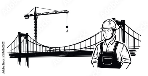Construction worker in hard hat and overalls stands alongside a large suspension bridge and a tower crane representing engineering and infrastructure development for building industry