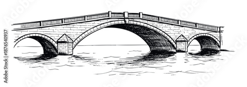 Classic architectural drawing of a multiple arch stone bridge spanning across a river, ideal for history publications, educational materials, and timeless graphic projects.