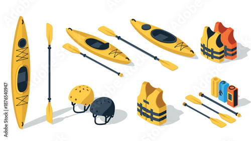 Isometric kayaking equipment set: kayak, paddle, helmet, life jacket, waterproof bag