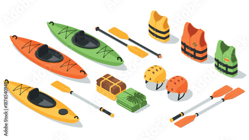 Isometric kayaking gear set with kayaks, paddles, and safety equipment