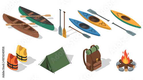 Isometric outdoor adventure: canoes, kayaks, and camping essentials